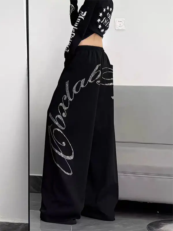 Y2K Rhinestone Cursive Wide Leg Sweatpants Women, Hip Hop Black Baggy Casual Trousers, Side Big Bling Script Letter Print Elastic Drawstring Waist Loose Street Pants for Punk Skate Alt Daily Outfits