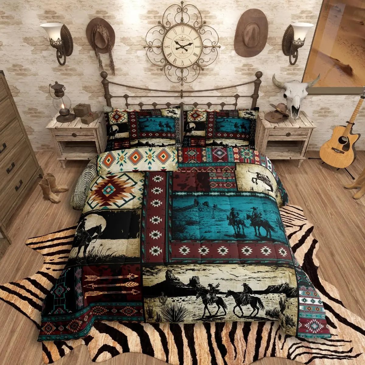 Feelyou Queen Quilted Duvet Set - Cowboy Western Bedding, Wild West Rustic Plaid Geometric Patchwork Digital Print, Machine Washable Textile Bedding Set
