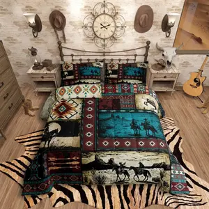 Feelyou Queen Comforter Set - Cowboy Theme Decorative Bedding, Wild West Rustic Exotic Plaid Geometric Patchwork Digital Print, Machine Washable Western Bedding Sets