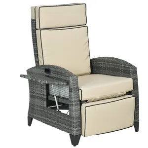 Outsunny Outdoor Recliner Chair with Cushions, PE Wicker Reclining Patio Lounge Chair with Adjustable Footrest, Armrests, Side Tray Table for Balcony, Porch, Khaki