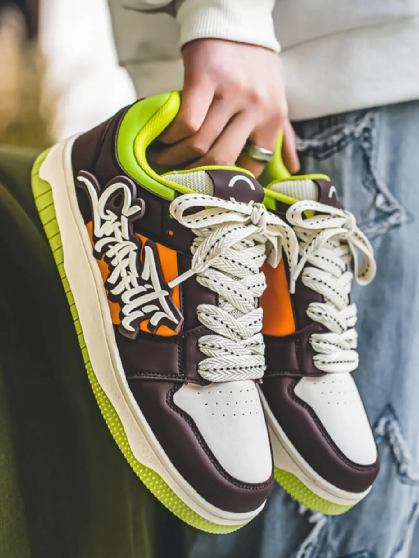Men's Brown-Green-Orange Graffiti Color-Block Platform Low-Top Athletic Sneakers Footwear: Leather Splicing + Height-Increasing Anti-Slip, Trendy Casual Sports Shoes