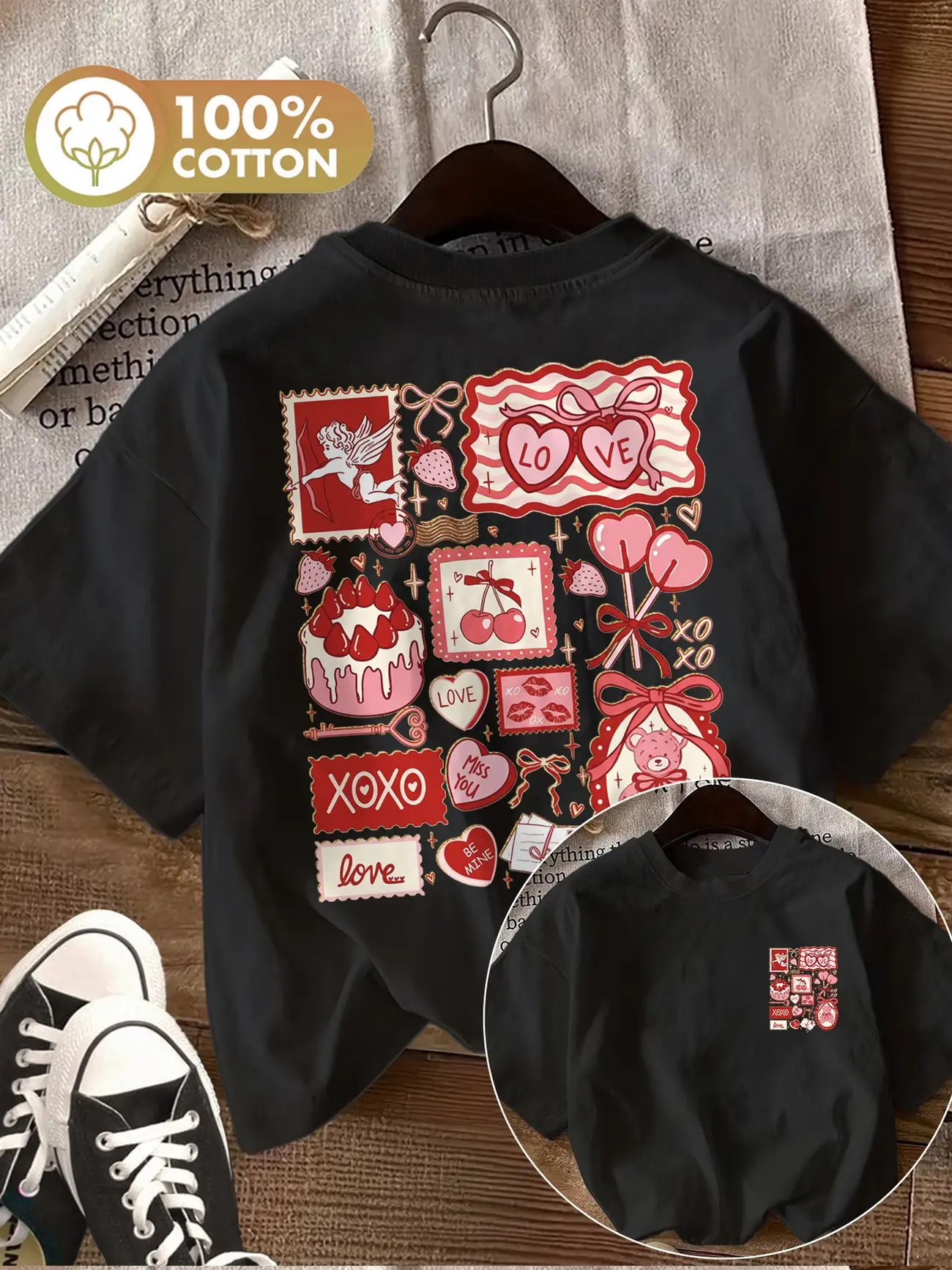 Dual-Sided Printing Casual Women'S Top Vintage Style Heart Strawberry Cupid Cake Cherry LOVE BE MINE XOXO Round Neck Pure Short Sleeve T-Shirt