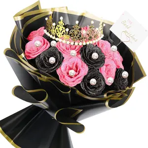 Glitter Roses Bouquet Pink and Black Flower Bouquet Artificial Roses Flowers with Wrapping Paper Crowns Cards for Valentine's Day Mother Day Birthday Anniversary Engagement Wedding