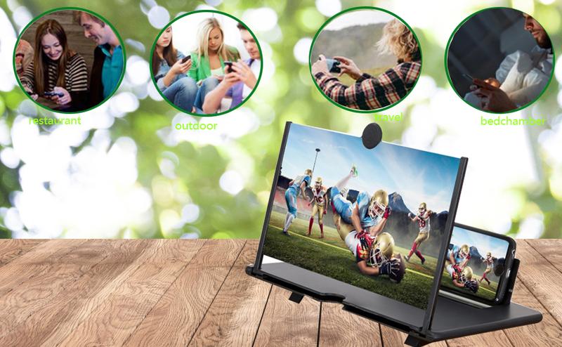 12英寸手机屏幕放大器，3D高清手机放大投影屏幕，适用于电影、视频，可折叠手机支架带屏幕放大器，支持所有智能手机（黑色，12英寸）