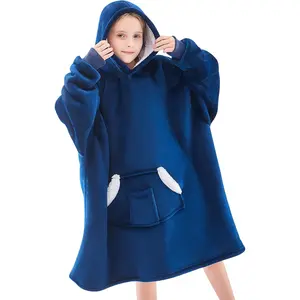 Wearable Blanket Hoodie for Kids & Teens 6-13 Year Old, Oversized Sherpa Fleece Sweatshirt with Pocket, Soft Cozy Hooded Blankets Christmas Birthday Gift for Boys and Girls, Navy Blue