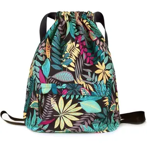 Gym Drawstring Backpack Water Resistant String Bag Nylon Cinch Sport Bag Leaf Sackpack