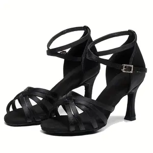 2.76inch Heel High Diamond Buckle Upgraded Satin, Professional Latin Dance And Ballroom Dance Shoes With Fur Sole, Suitable For Indoor Use, Suitable For Professional Dancers Black Footwear