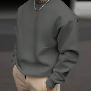 Men's Loose Solid Drop Shoulder Round Neck Sweatshirt, Casual Minimalist Long Sleeve Crew Neck Pullover For Spring Fall, Men's Clothes For Daily Wear