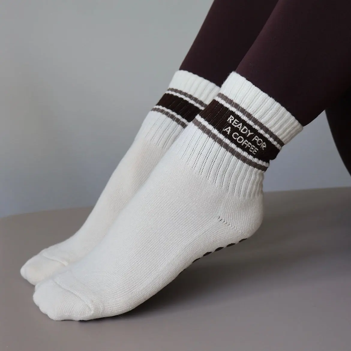 Ready for a Coffee Grip Socks Embroidered Striped Breathable Ribbed - Grip socks for pilates Ready for a Coffee Grip Socks Embroidered Striped Breathable Ribbed - Grip socks for pilates