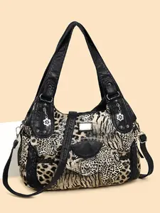 New European Style Leopard Print Fashionable Crossbody Bag, Large Capacity Shoulder Bag, Adjustable Strap, Multi-Pocket Tote, Travel & Shopping Bag, Fashionable Unique Bags