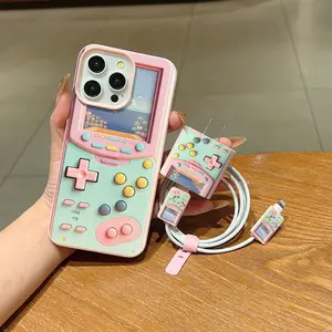 5 Piece Set Colorful Game Console Phone Case + Charger Head Cover + Cable Protector + Storage Rope Tpu Anti-Drop Protective Case for iPhone