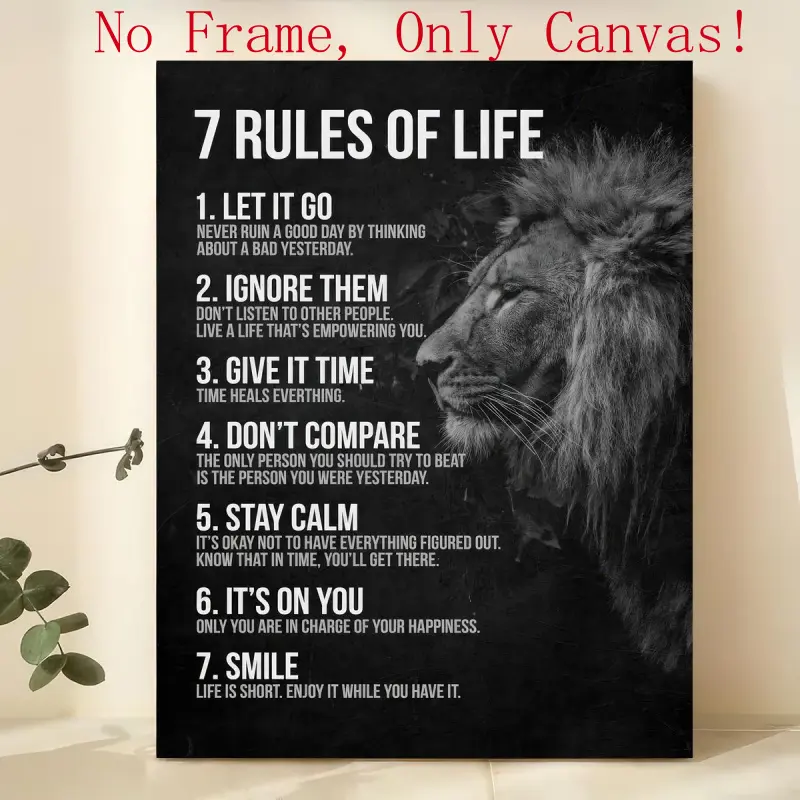 Unframed 7 Rules of Life Quotes Canvas Poster - Waterproof Lion Animal Cartoon Wall Art, Inspirational Decor for Home Office, Home Supplies Posters & Prints