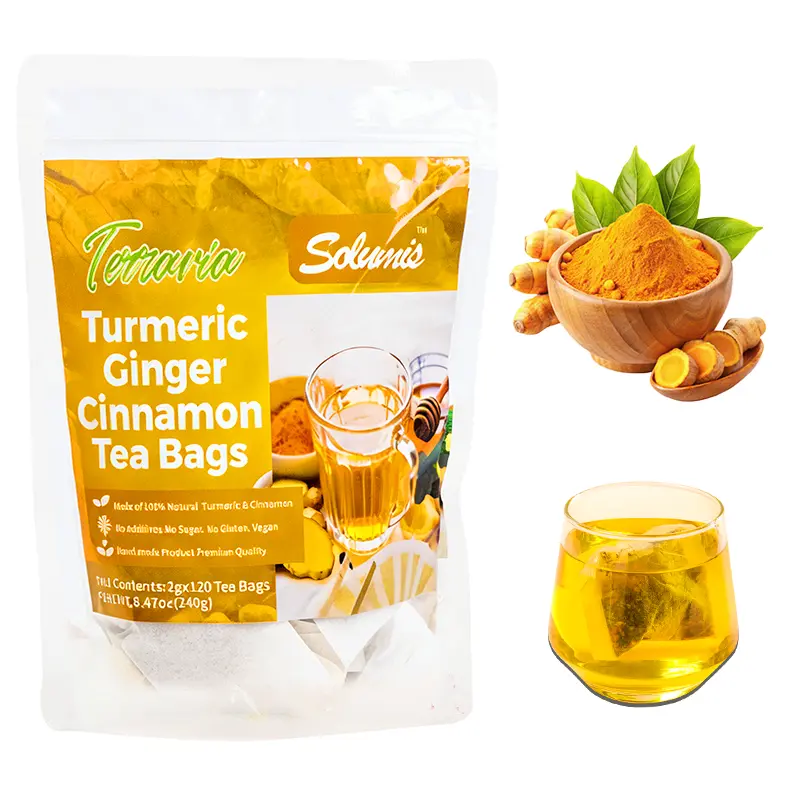 Natural Turmeric Ginger Cinnamon Herbal Tea Bags - 120 Handmade Eco Bags, Caffeine-Free, Sugar-Free, Vegan