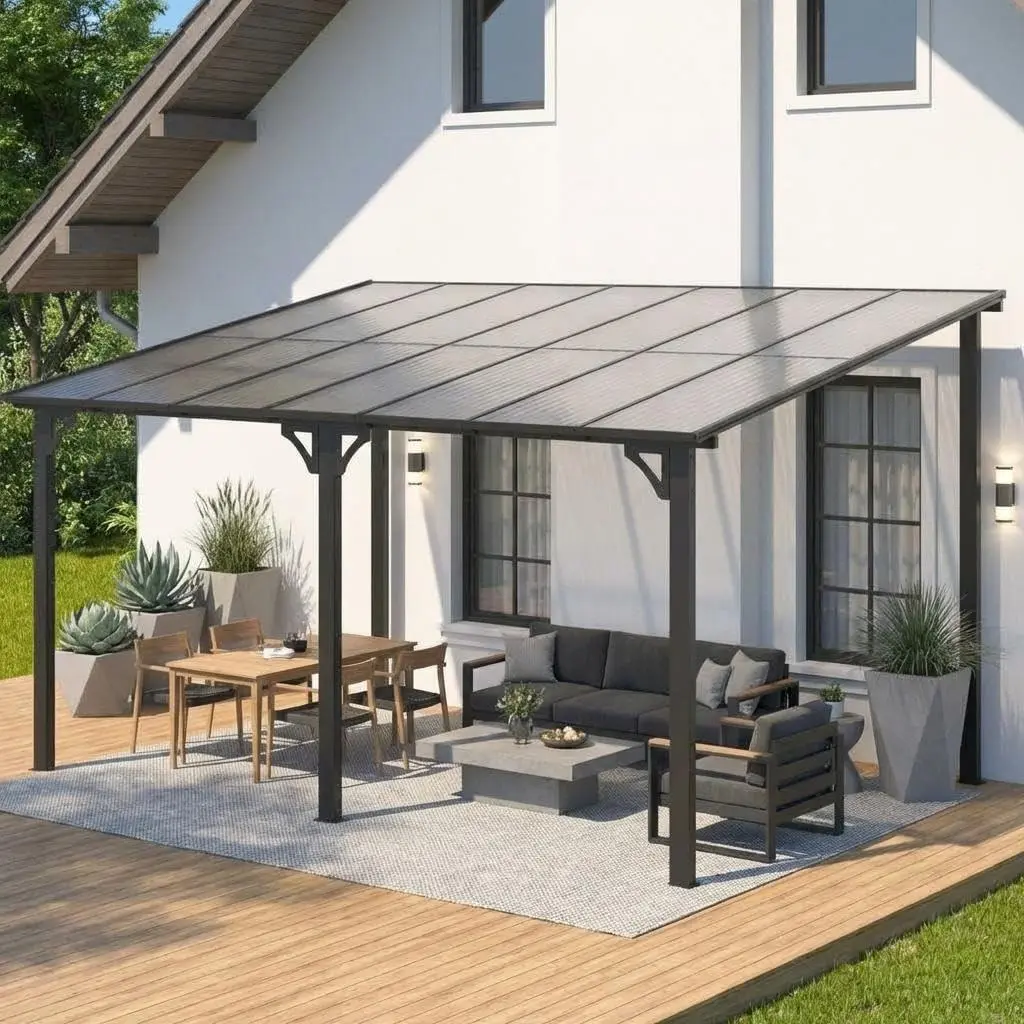 GARVEE 10x14 ft Wall Mounted Gazebo, Hardtop Lean to Pergola with Sloped Roof & Gutters, Heavy Duty Outdoor Awning for Patio, Deck, Porch, Backyard – Black