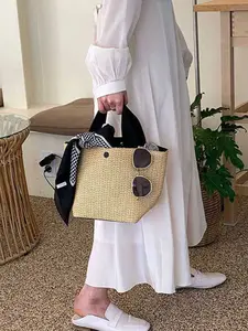 2026 New Rustic Woven Bag, Vintage Casual Handbag, Summer Beach Straw Basket, Color Block Handle Bag, Simple Versatile