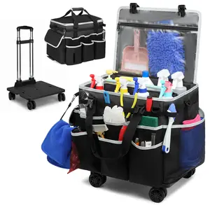 Rolling Tool Bag with Wheels PVC Hard Bottom Large Capacity Multi-Pocket for Electrician Carpenter Cleaner