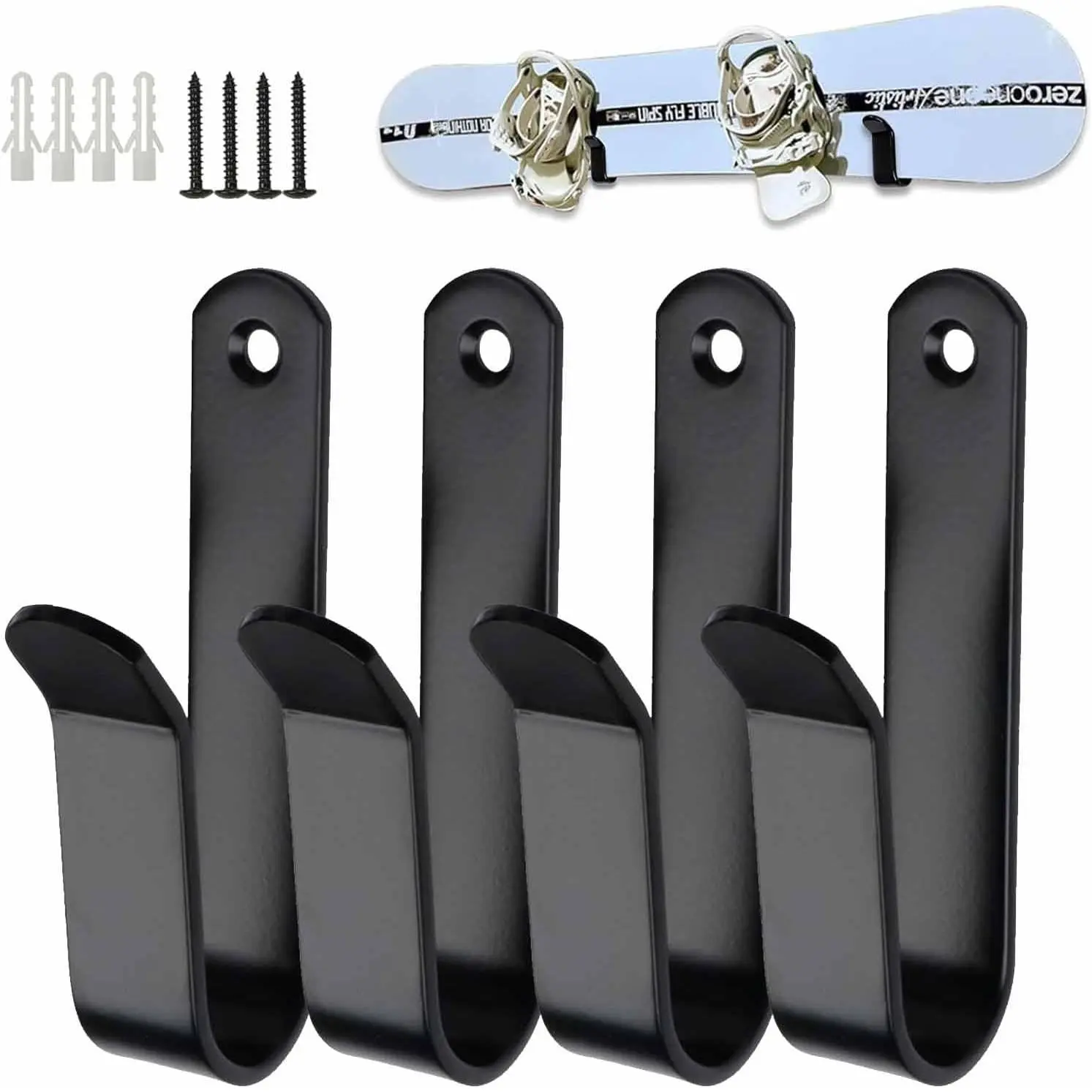 Snowboard Wall Mount & Skateboard Display Rack - Horizontal Hanger Clips for Snowboards, Longboards, Skateboards - Space Saving Storage Solution for Garage, Bedroom, Living Room (Black, 4 PCS)