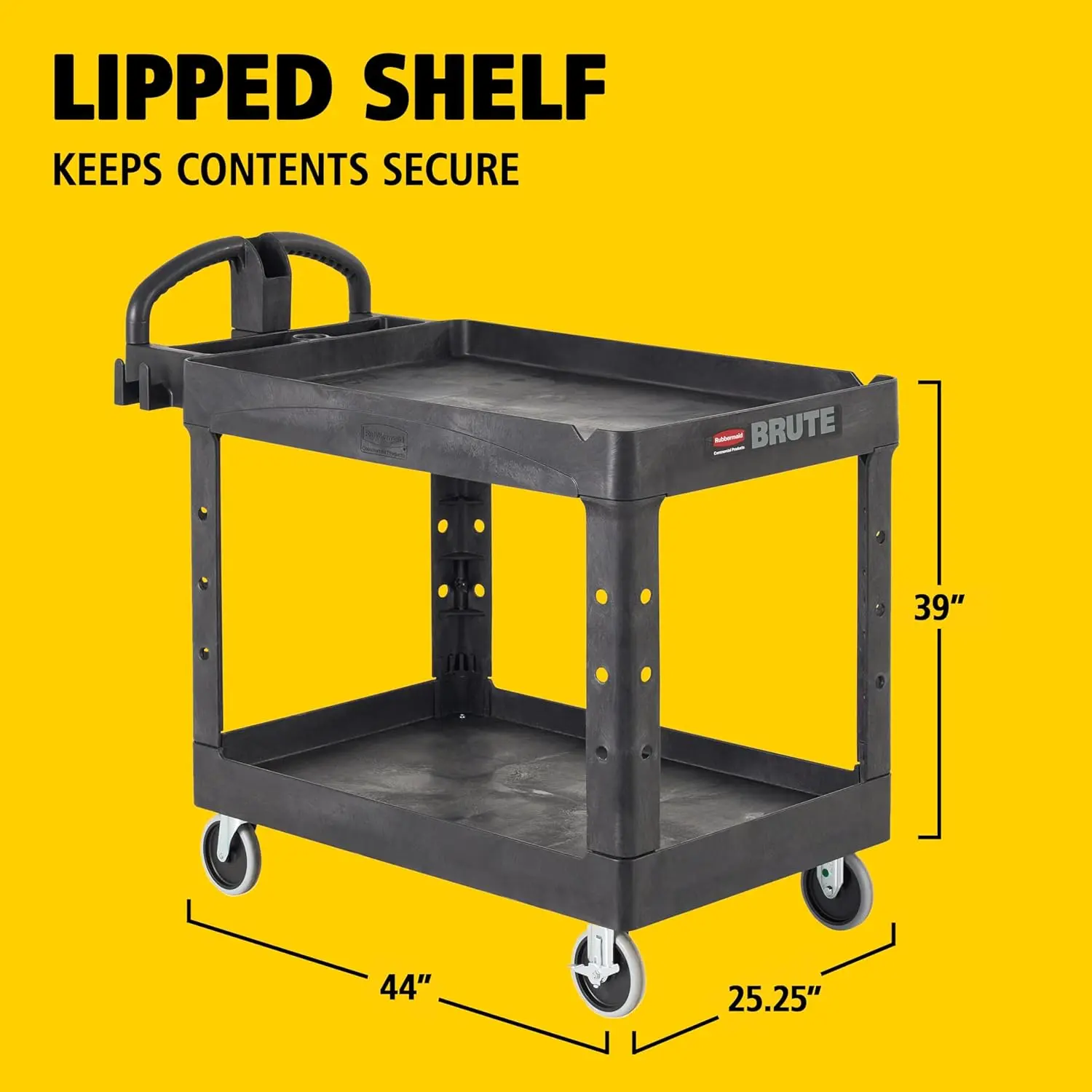 Rubbermaid Commercial Medium Black 2-Shelf Utility Service Cart, Lipped Shelves, Ergonomic Handle, 500 Lbs Capacity, for Warehouse, Garage Use