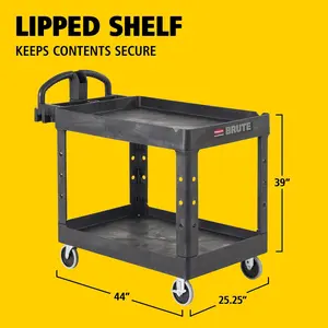 Rubbermaid Commercial Medium Black 2-Shelf Utility Service Cart, Lipped Shelves, Ergonomic Handle, 500 Lbs Capacity, for Warehouse, Garage Use