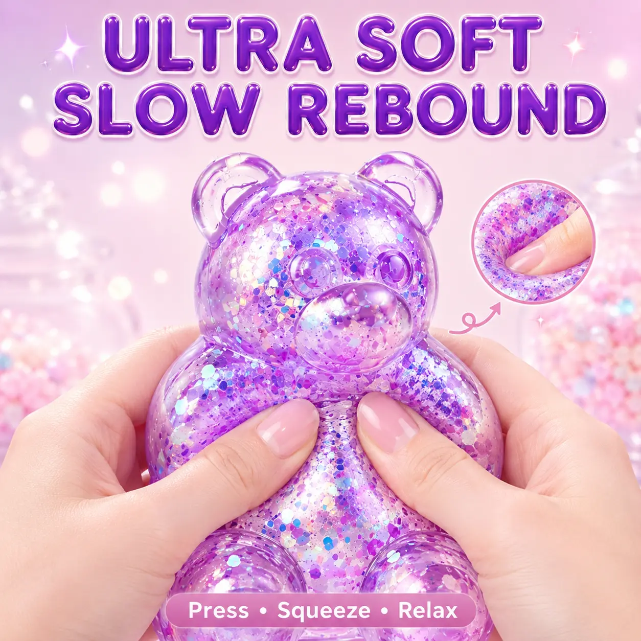 Glitter Teddy Bear Squeeze Toy, Slow Rebound, Sparkly Squishy Stress Relief Fidget Toy, Soft Sensory Toy, Gift for Kids and Adults