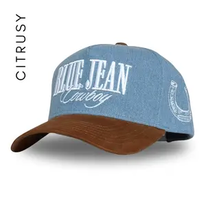 BLUE JEAN COWBOY TRUCKER HAT - DENIM & BROWN SUEDE