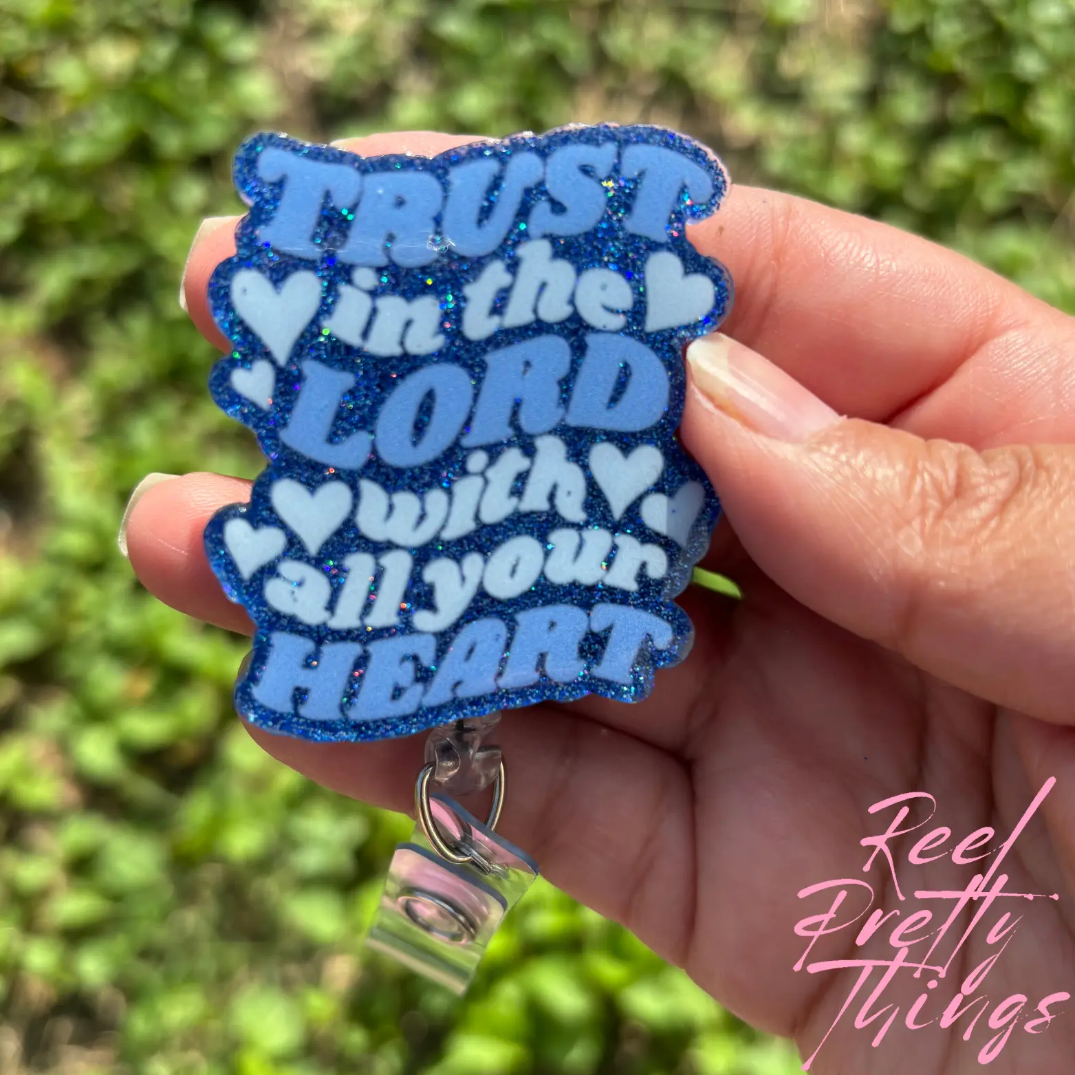 Trust in the Lord Scripture Badge Reel - Inspirational Bible Verse ID Holder with Glitter Trust in the Lord with All Your Heart Design for Nurses Teachers & Christian Coworkers