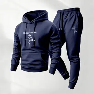 Men's 2-Piece Faith Printed Hoodie & Drawstring Sweatpants Sweatsuit Matching Set - Long Sleeve Hooded Jacket & Trousers, Casual Athletic Jogging Outfit for Fall Winter Daily Athleisure