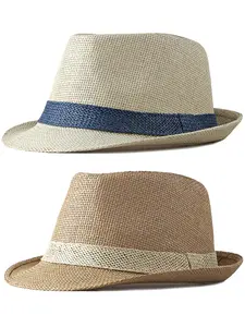 2 Pack Short Brim Fedora Classic Summer Beach Lightweight Casual Sun Hat Panama Cap for Men Women