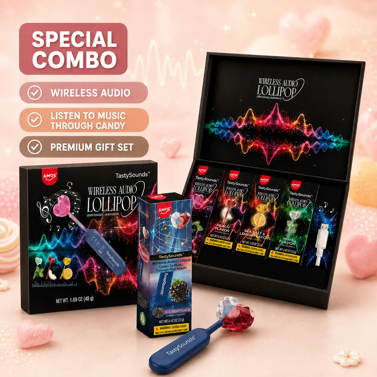 AMOS Wireless Audio Lollipop Gift Box TastySounds  – Bone Conduction Music Candy, Multi-Flavor Variety Pack, Rechargeable Singing Lollipop, Unique Tech Sweet for Parties & Gifts Pre-Sale