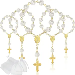 Mini Rose Rosary Bracelets, Beaded Cross Bracelets, Acrylic 3D Rose Beads, Baptism Gifts, First Communion, Party Souvenirs, Wedding Celebrations, 10/30pcs