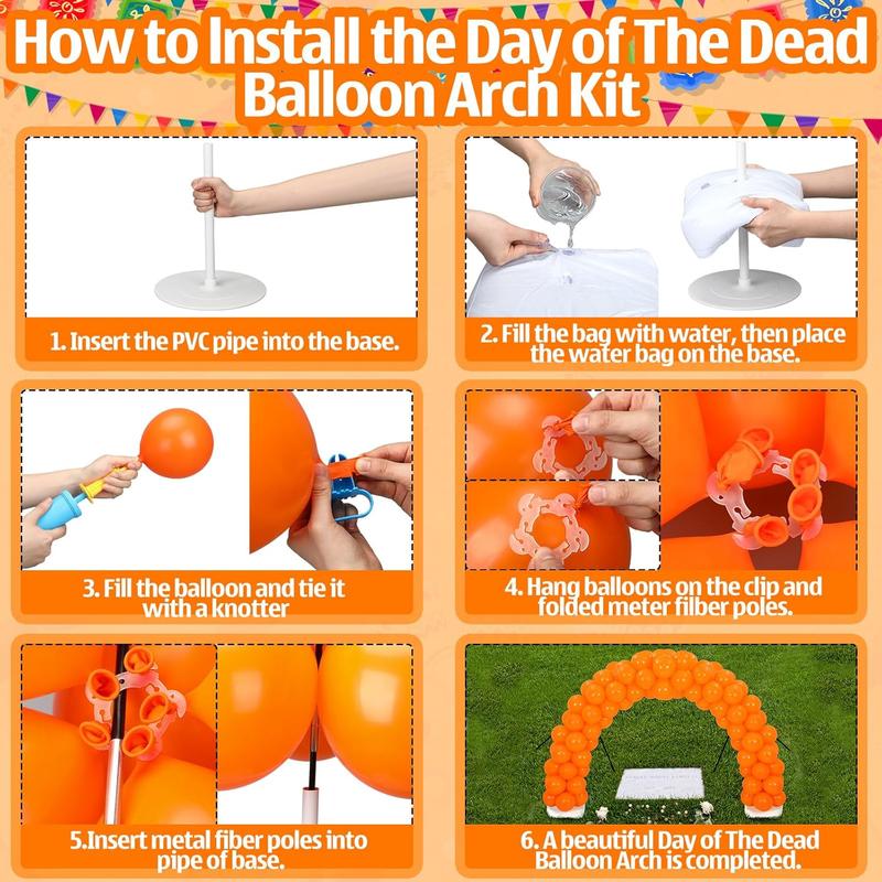 Dia De Los Muertos Decorations Set 12ft Day of The  Marigold Balloon Arch Stand Kit 100 Balloons 2 Balloon Stands Water Fillable Bases 12 count  Butterfly Decor for Dia De Los Muertos Altar Decor