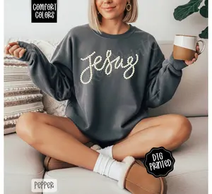 Faux Pearl Jesus Comfort Colors Sweatshirt, Trendy Women's Religious Crewneck