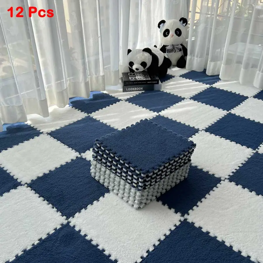 Solid Color Plush Floor Mat, 12pcs/set Fluffy Square Thickened Interlocking Carpet, Non-slip Soft Area Rug for Home Playroom Decor