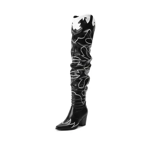 Dream Pairs Women's Slouched Western Embroidered Vegan Leather Pointed Toe Block Heel Thigh High Boots - Synthetic Upper, TPR Sole, for Country Concert, Rodeo Outfit - Women's Shoes, Western Clothing, Cowboy Style