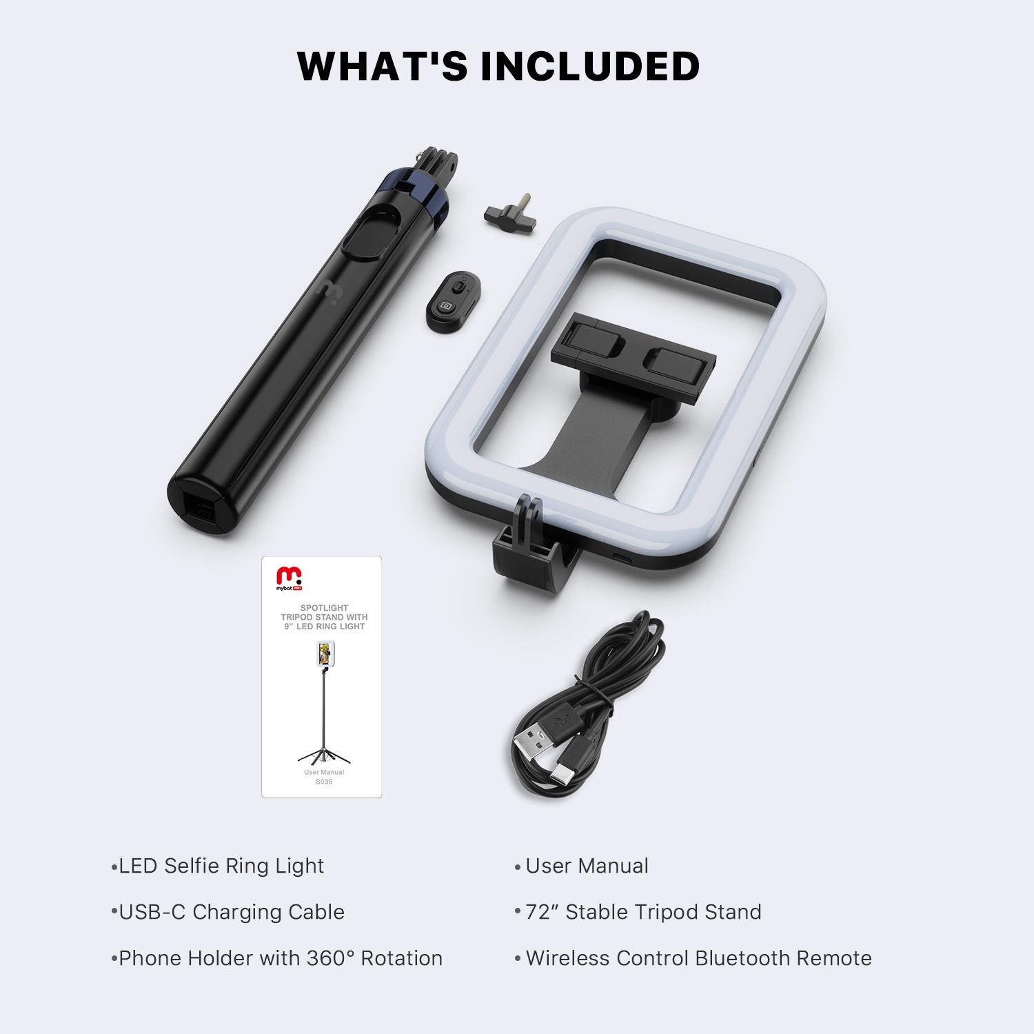 MyBat Pro Selfie Stick, Extendable SpotLight Tripod Stand with 9" Dimmable LED Light, Remote Control Smartphone Holder for TikTok Video Recording