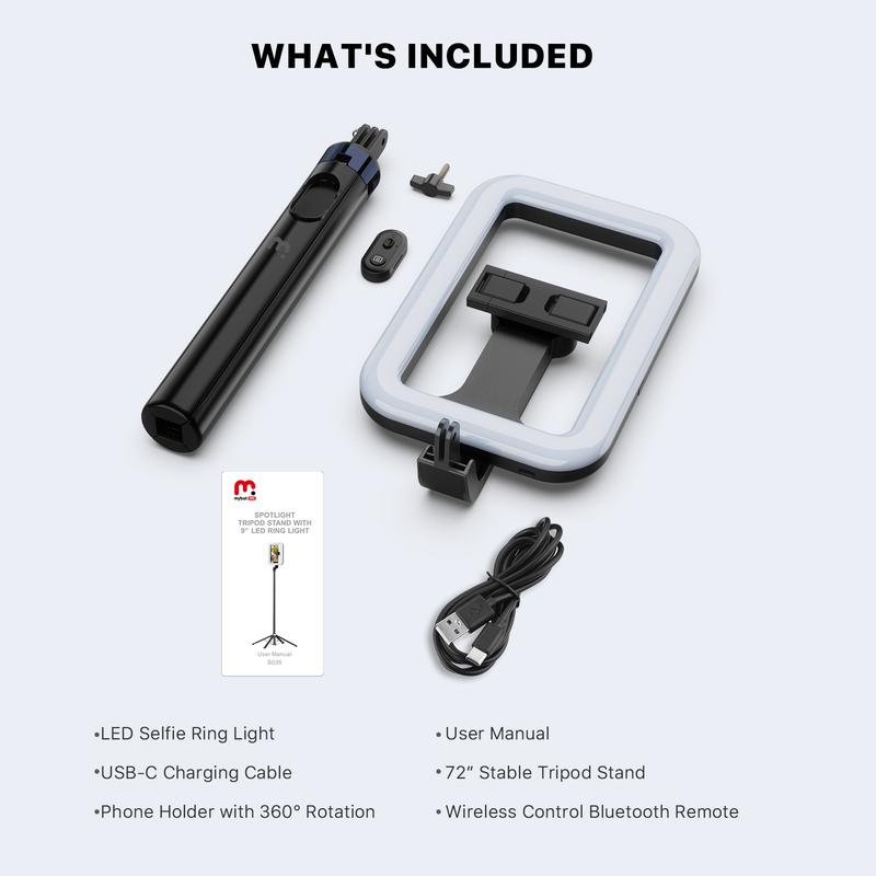 MyBat Pro Selfie Stick, Extendable SpotLight Tripod Stand with 9" Dimmable LED Light, Remote Control Smartphone Holder for TikTok Video Recording