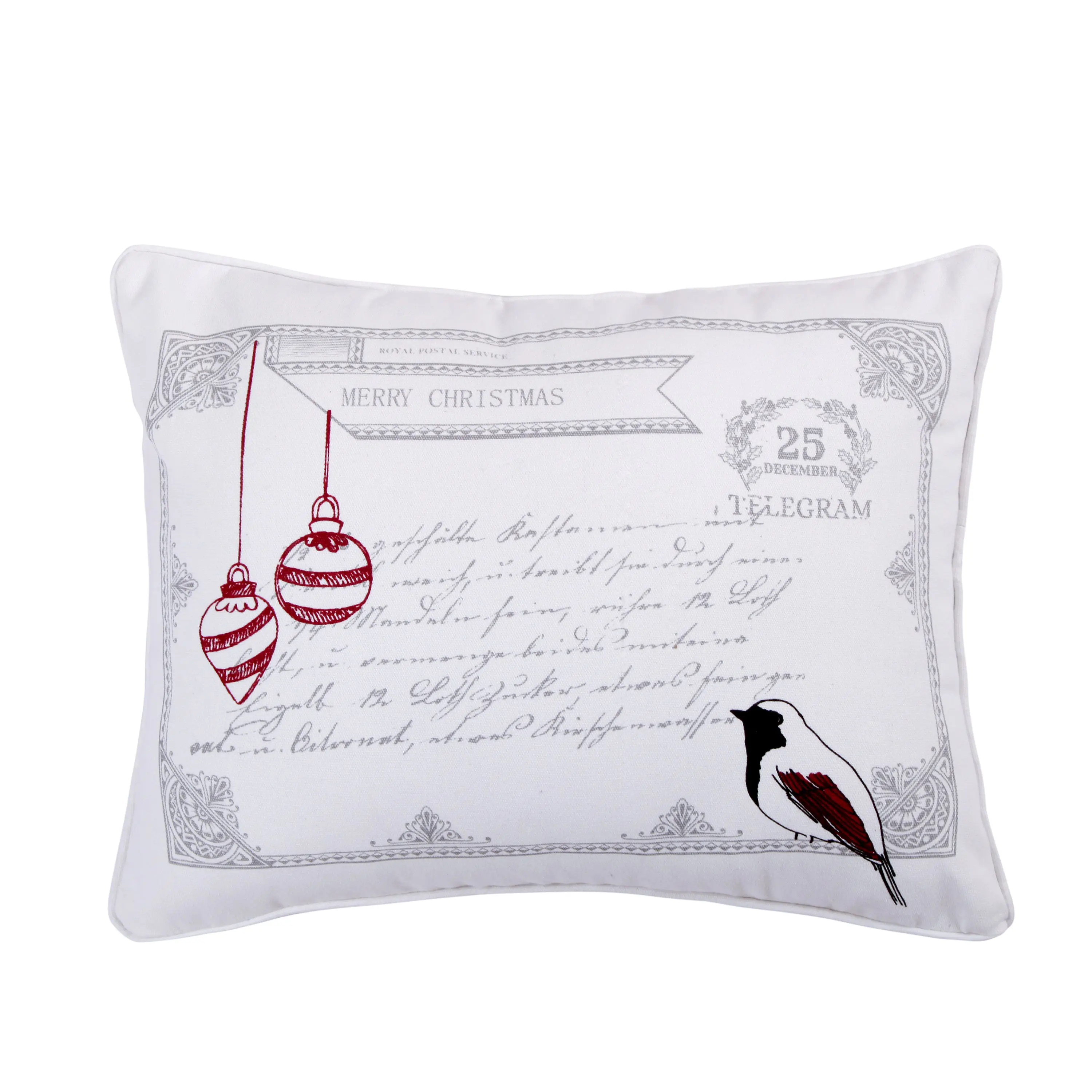 Holly Birds Postcard Print Reversible Pillow - Quality Fabric, Removable Feather Fill, Easy Care, Ideal for Living Room Holiday Decor with Birds & Ornaments, Removable Fill