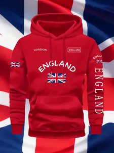 Men's Fall Winter Trendy British Flag Print Hoodie, Casual Fitted Hooded Sweatshirt, Drawstring Pocket Design, Fashionable Uk Style Jacket