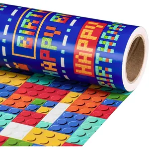 Reversible Boys Birthday Wrapping Paper Roll, Mini Roll, Colorful Pixel Art and Building Block Design, Funny   Wrap Paper for Birthday, Gaming Theme Party, 17 Inches x 16.4