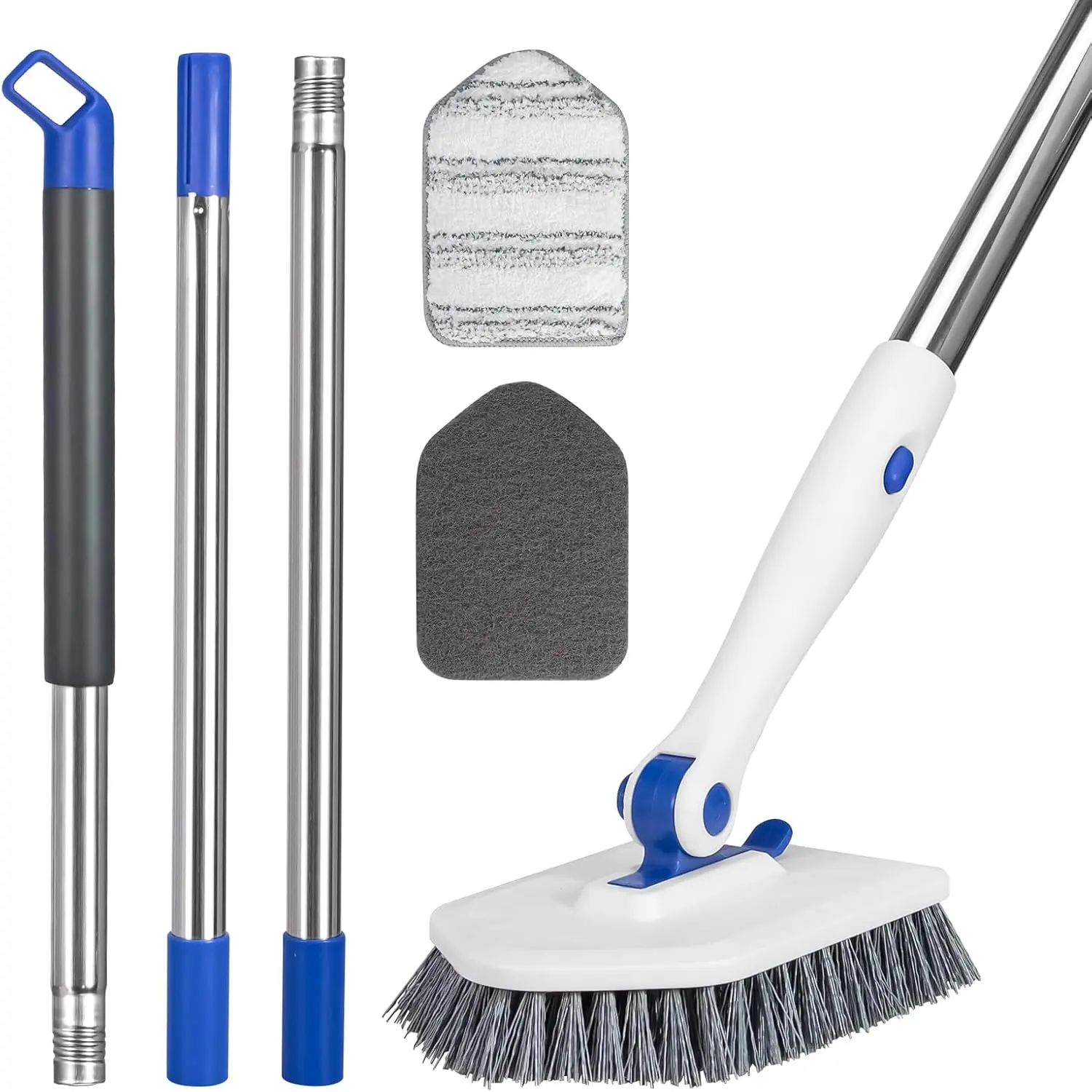 Stainless Steel 3-in-1 Durable Tile Tub Scrubber Brush, 52-in Adjustable Long Handle Shower Cleaner with 3 Detachable Replacement Heads for Bathroom, Kitchen Cleaning