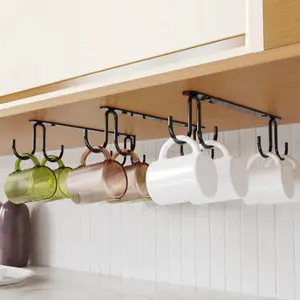 Black Metal 3-Pack Under Cabinet Mug Hooks Organizer Rack - 12 Hooks for Hanging Mugs, Coffee Cups & Kitchen Utensils