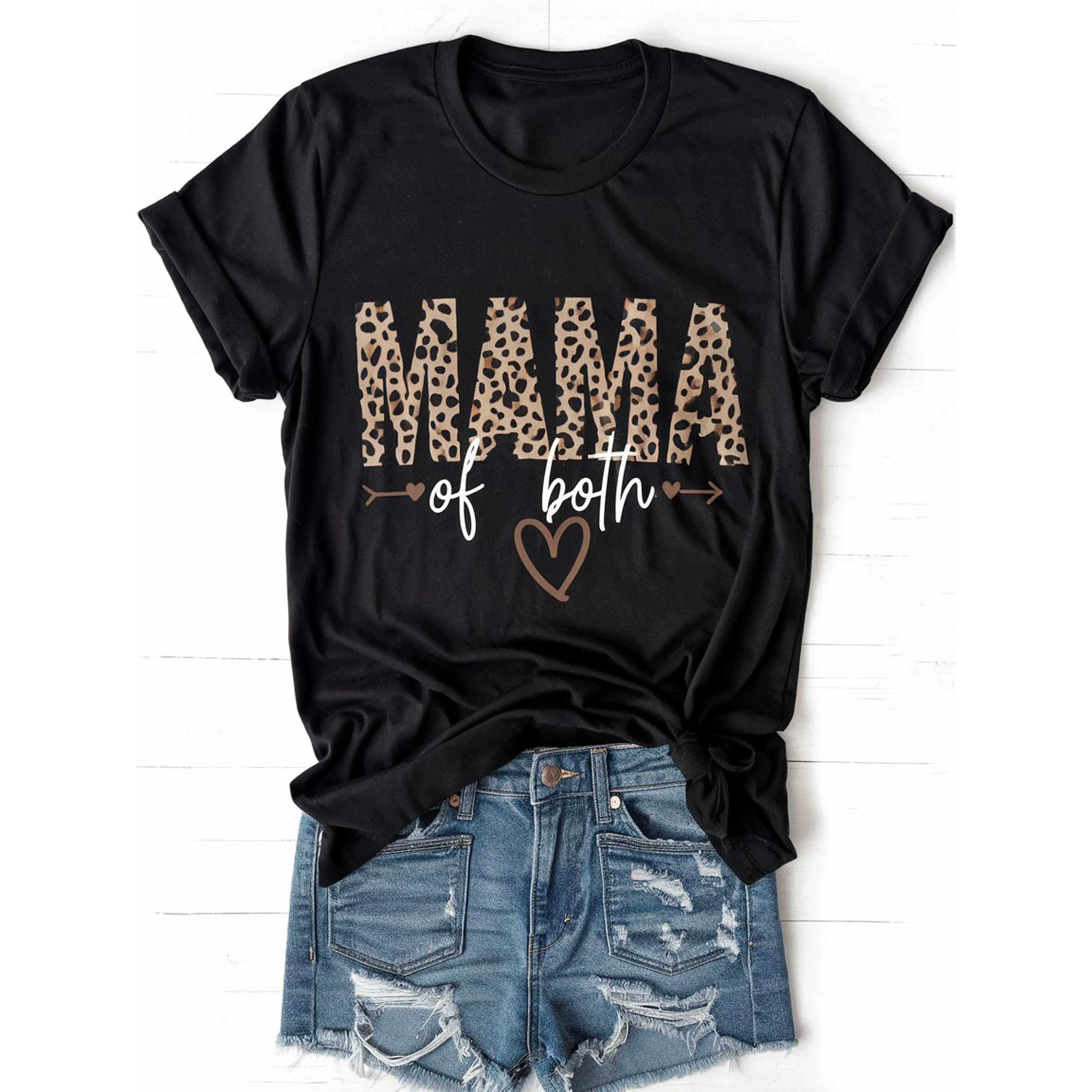 Women's Fitted "Mama of Both" Graphic T-Shirt, Casual 100% Cotton Short Sleeve Top with Leopard Heart and Round Neck, Shortsleeve, Cartoon