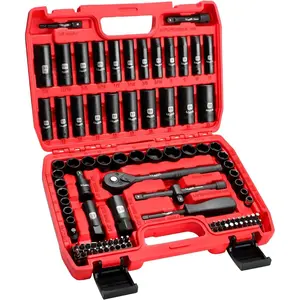 3/8" Drive  Socket Set 95 count, Spark Plug Socket (5/8", 13/16"), 6 Point Metric & SAE from 5/16"- 3/4", 8-22mm, CR-V Deep & Shallow Kit with Quick Release Ratchet (72-) for  & DIY