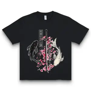 Koi Fish Sword and Sakura Floral Ring Shirt Japanese Warrior Spirit Graphic Streetwear Tee 100% Cotton Unisex Classic Fit Menswear Summer Casual Crew Neck Short Sleeve Top