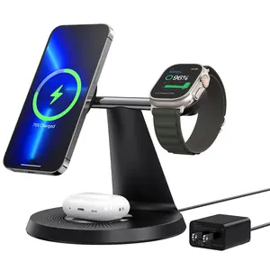 A brand new 3-in-1 charger, wireless charging station, andstable charging stand for iPhone 11 and above, iWatch, andAirPods.