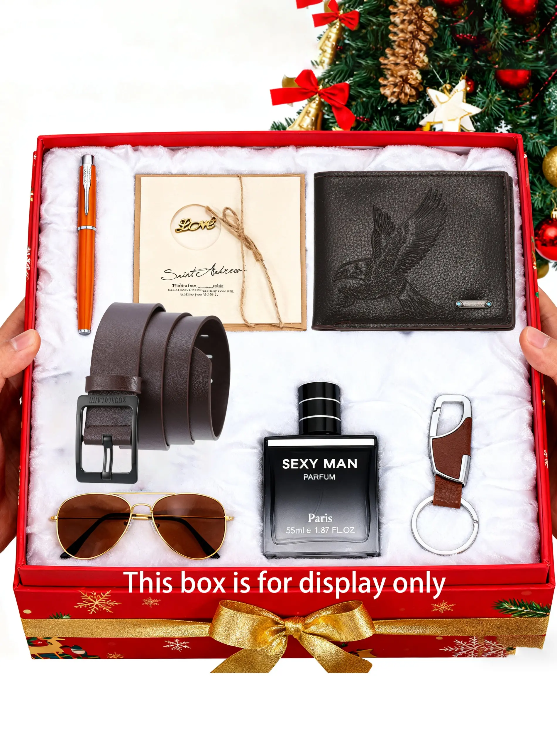 Men's Fashion Business Casual Wallet Set, Perfect Gift Bundle, Gift Box, Gift Package, Includes Wide Belt, Glasses Case, Perfume Keychain, Pen, Greeting Card, Perfect Gift