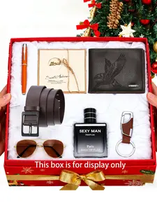Men's Fashion Business Casual Wallet Set, Perfect Gift Bundle, Gift Box, Includes Wide Belt, Glasses Case, Perfume Keychain, Pen, Greeting Card, Perfect Gift