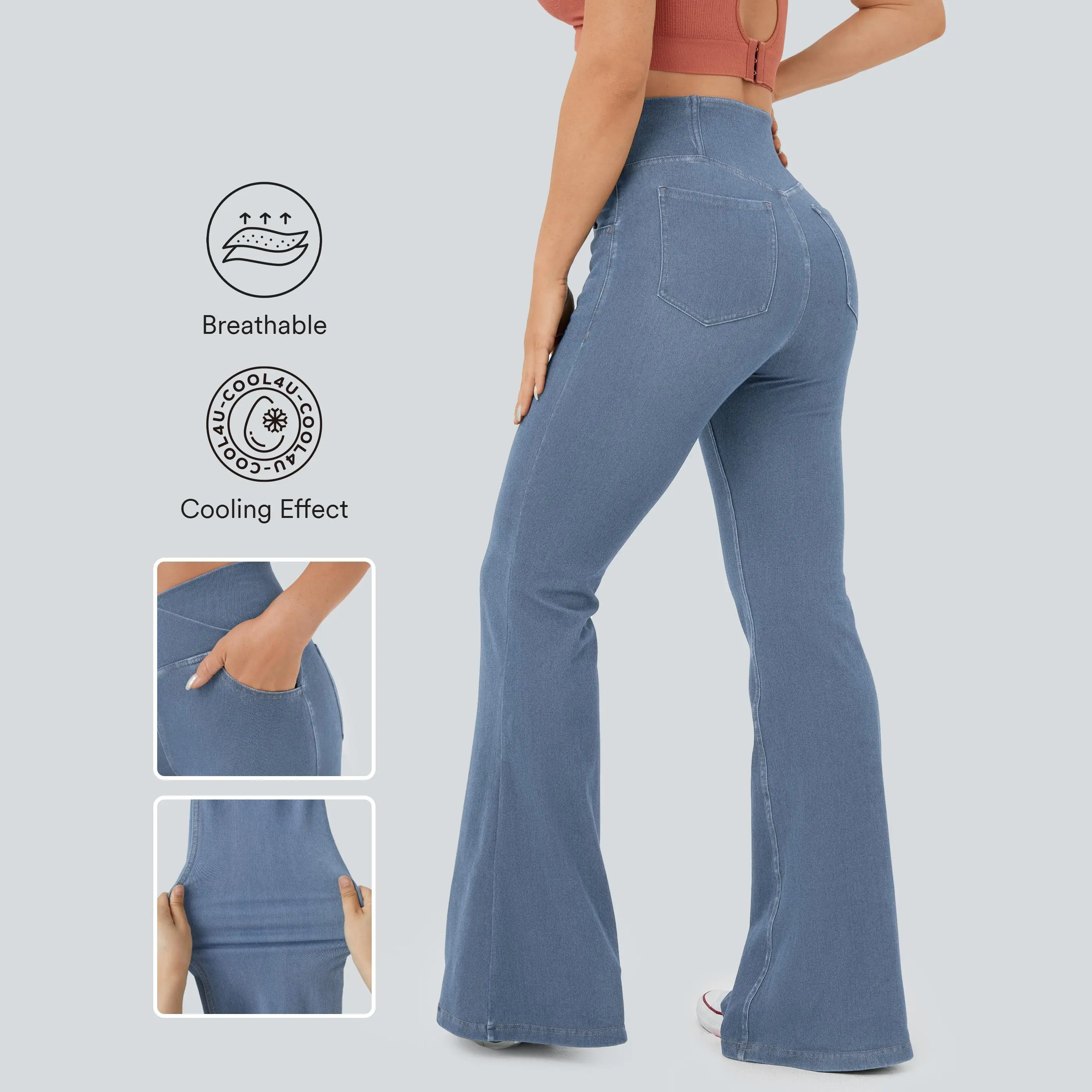 Halara Halara Flex High Waisted Crossover Pocket InstantCool Washed Stretchy Knit Casual Super Flare Jeans