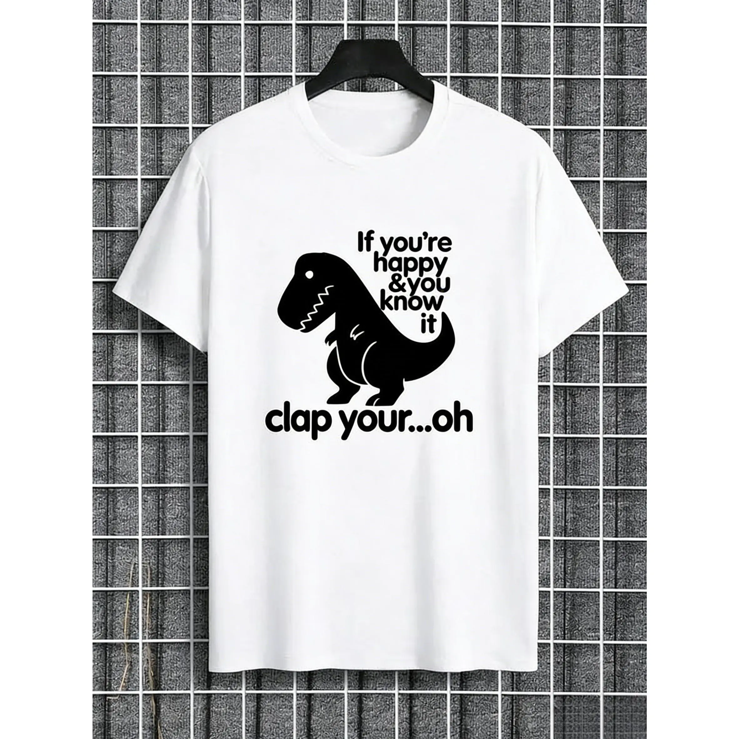 Men's Cotton Regular-Fit Round-Neck Short-Sleeve T-Shirt - Tropical Cartoon Dinosaur & Letter Print Menswear Tee, Casual Comfy Sports Top for Daily Summer Wear, Breathable Fabric