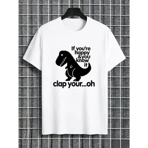Men's Cotton Regular-Fit Round-Neck Short-Sleeve T-Shirt - Tropical Cartoon Dinosaur & Letter Print, Casual Comfy Cartoon Sports Top for Daily Summer Sports Wear, Shortsleeve